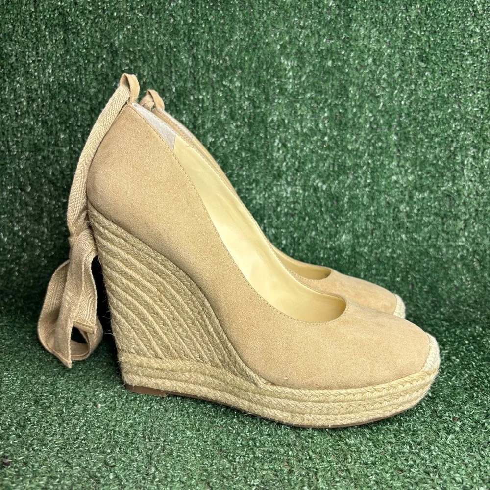 NEW Jessica Simpson Suede Ankle Tie Boho Espadrille Wedge Sandals Tan Womens 10M